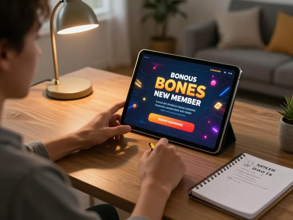 Engaging online gaming session highlighting bonus new member promotions on tablet.