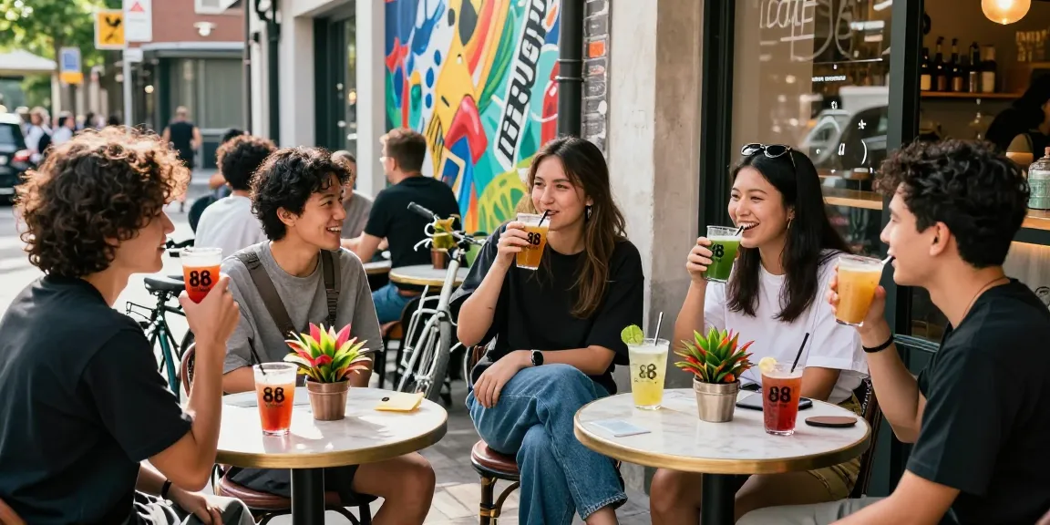 Group of friends enjoying rokok 88 drinks in vibrant urban café setting.