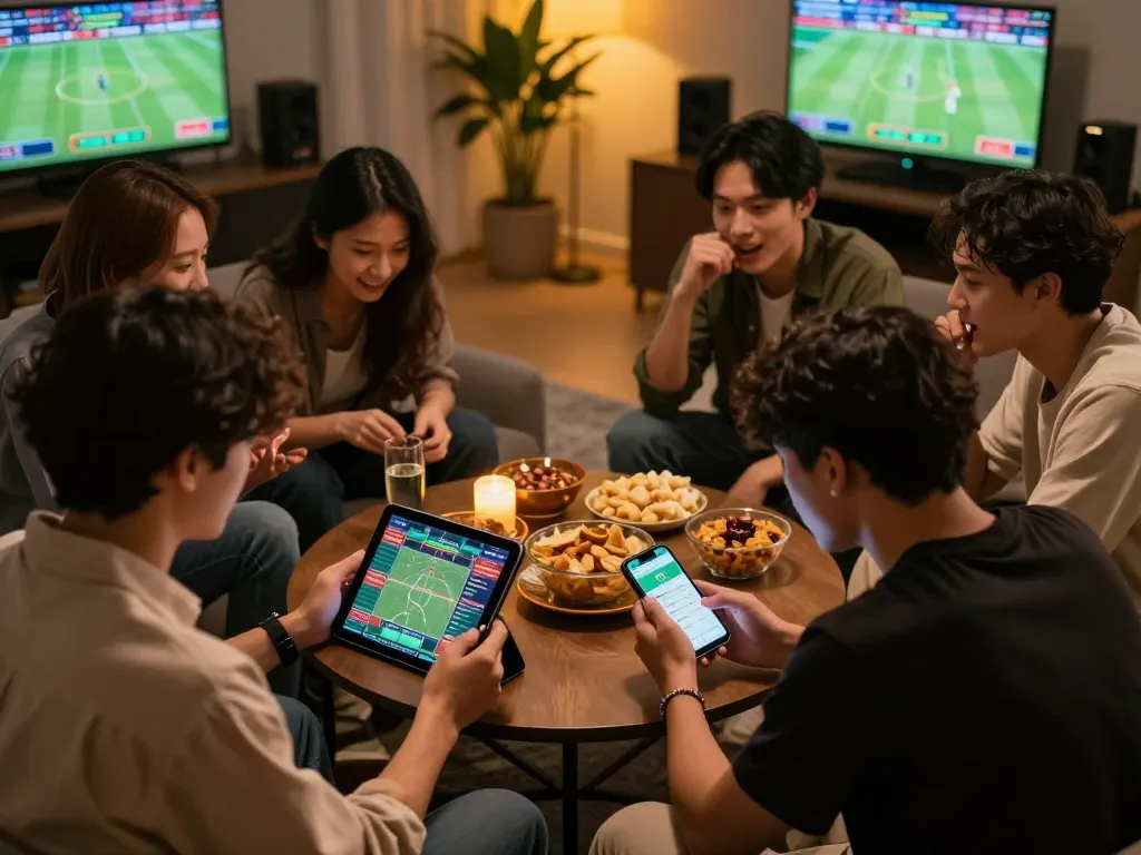 Friends engaging in sports betting using open88c app on smartphone and tablet during game night.