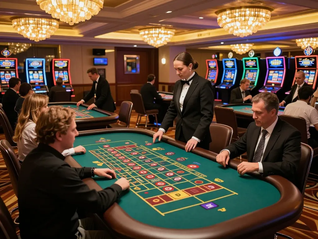 Players engaging in thrilling roulette at f8bet casino, showcasing a vibrant and luxurious gaming atmosphere.