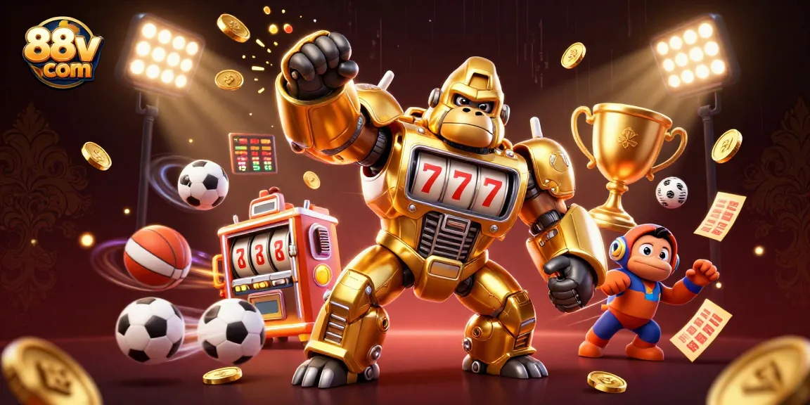 Engage with exciting gaming elements at 88vv com, featuring a dynamic 3D gorilla mech transforming slot machine parts.