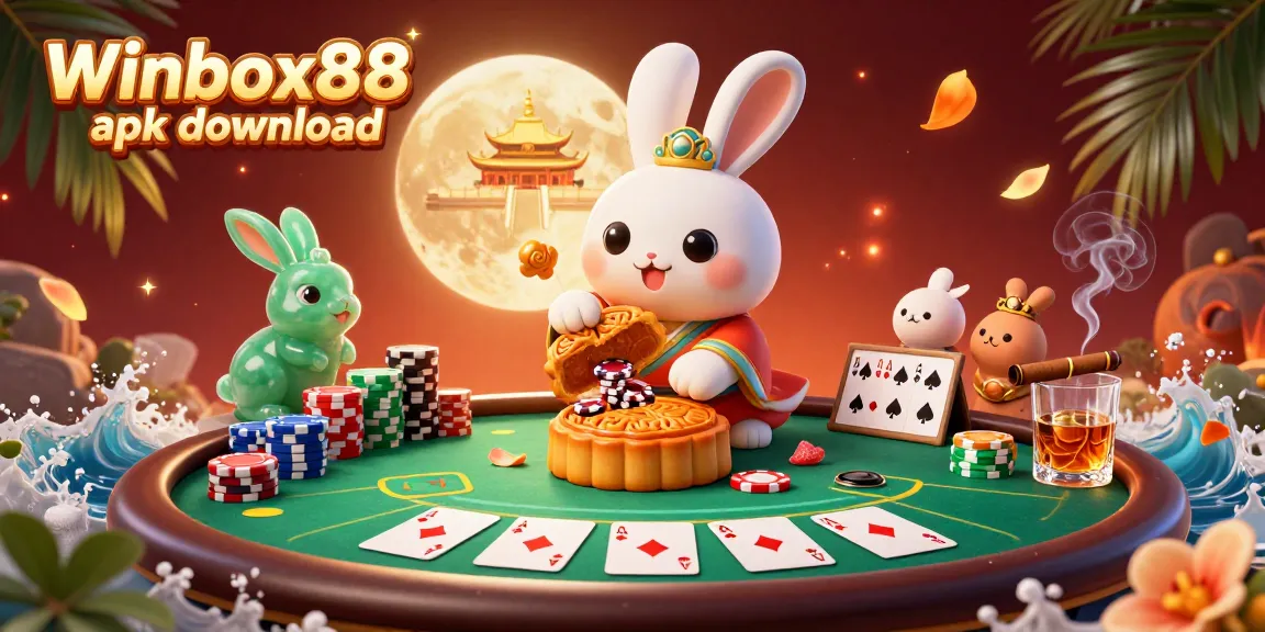 Experience the excitement of Winbox88 apk download with a vibrant 3D illustration showcasing casino elements and folklore characters.