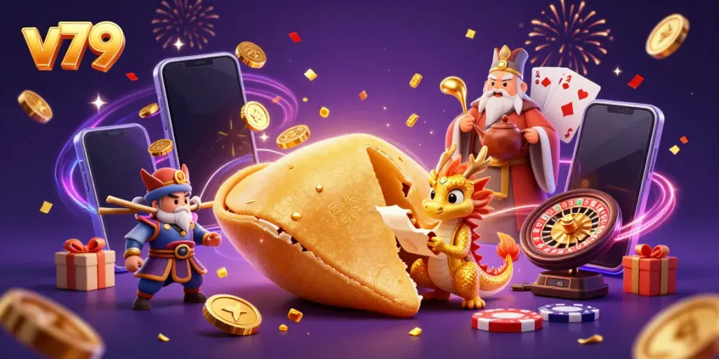 Engage with v79's thrilling gaming experience featuring a golden fortune cookie and a wise dragon.