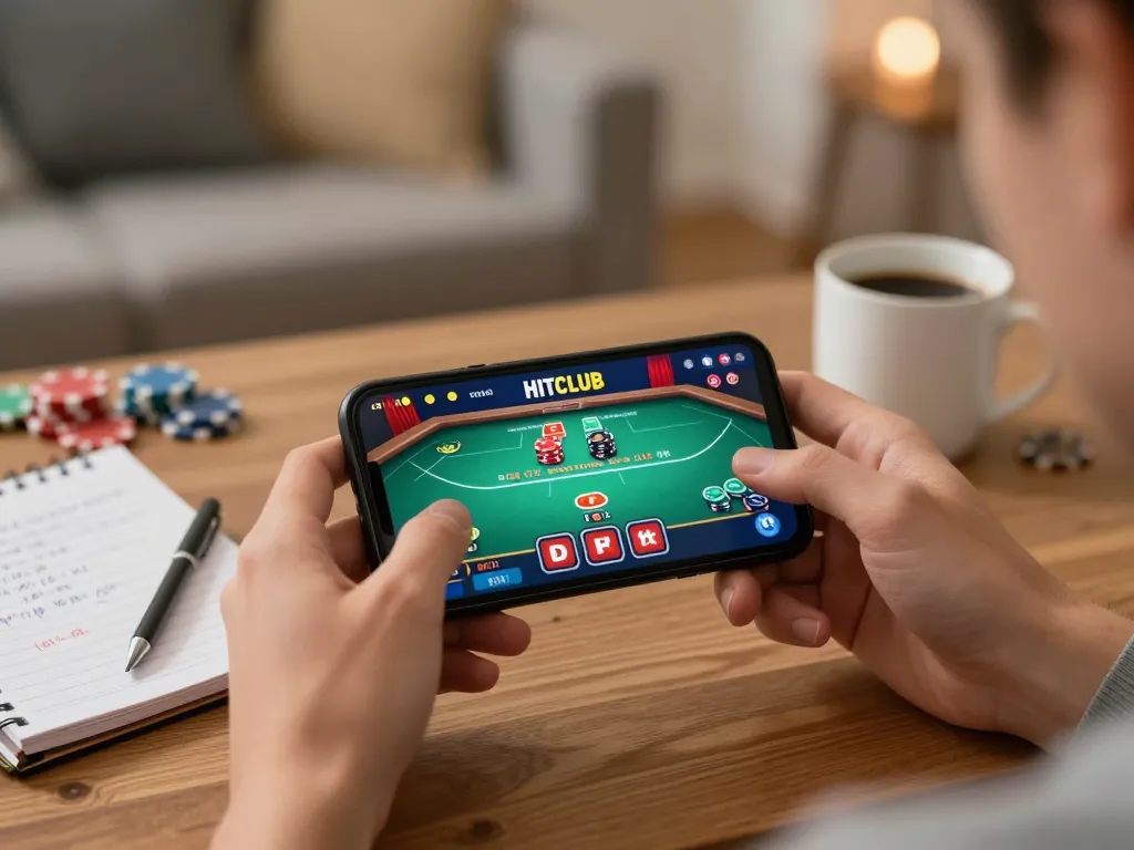 Engaged player betting on the game casino HITCLUB via mobile device during an interactive poker session