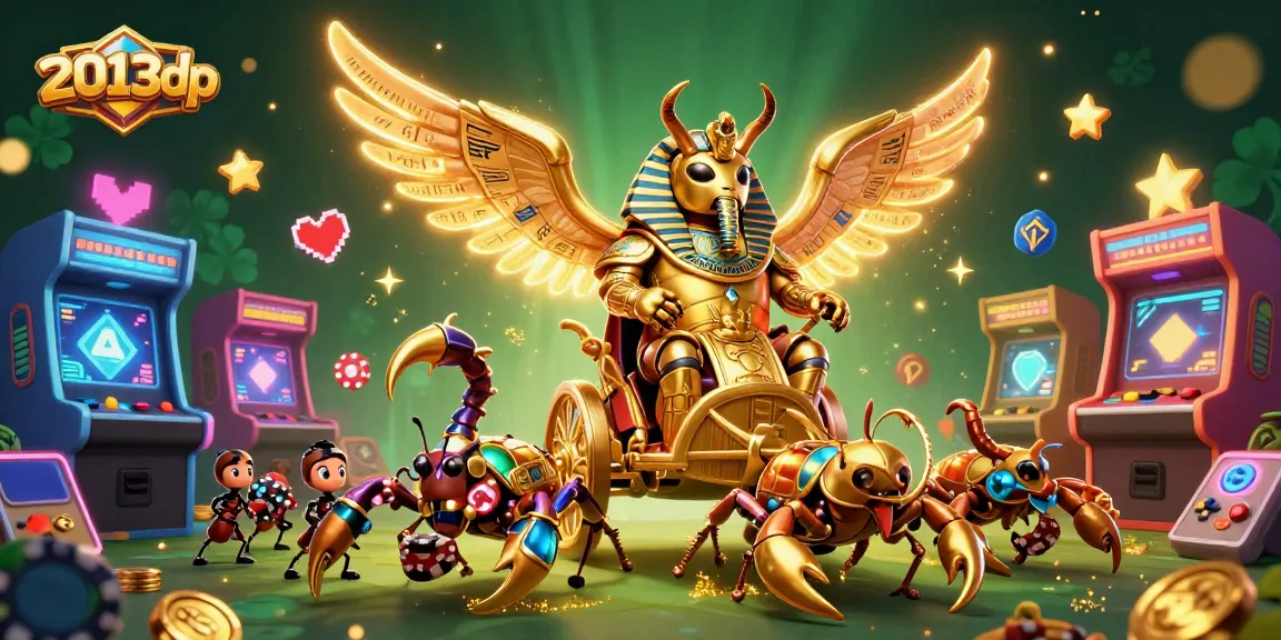 Engage with 2013dp's vibrant casino experience featuring a colossal golden scarab and lively gaming elements.