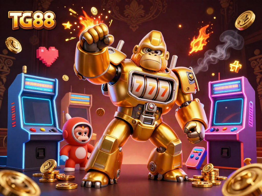 Experience the excitement of TG 88 with a dynamic 3D casino scene showcasing a golden gorilla mech and colorful game elements.