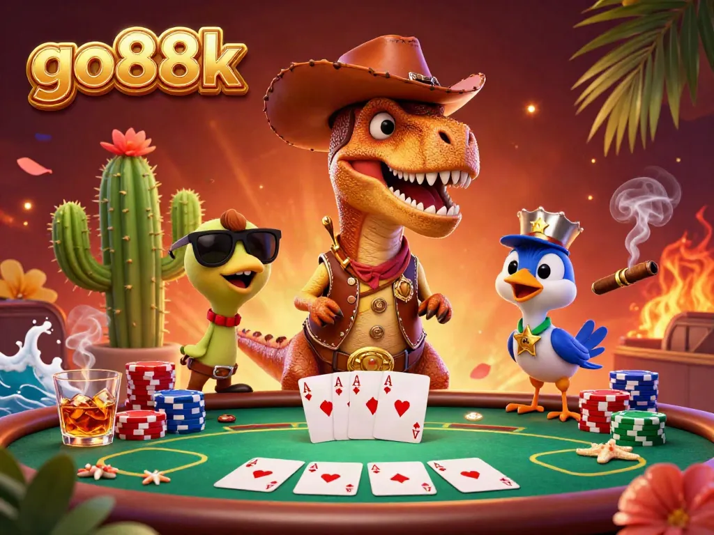 Join the excitement at go88k with this vibrant casino scene featuring a T-Rex cowboy and poker elements.