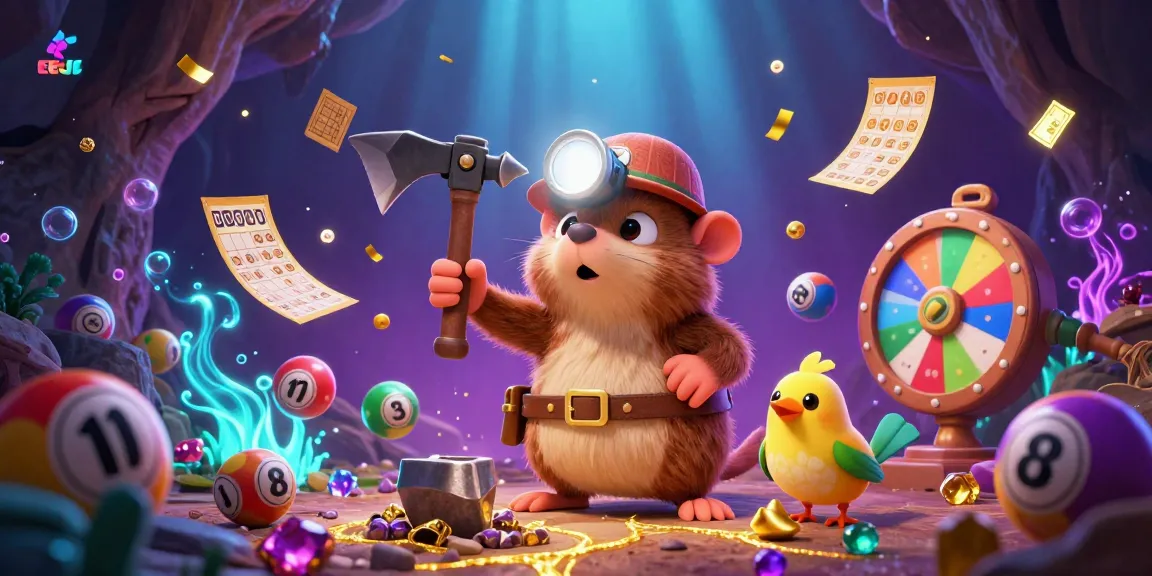 Engage with EEJL's vibrant gaming scene featuring the treasure hunter mole and canary amidst dynamic lottery elements.