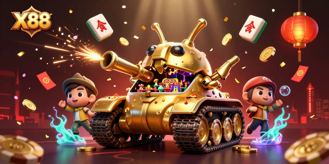 X88's golden beetle tank reveals a mini casino, showcasing exciting gameplay with coins and confetti