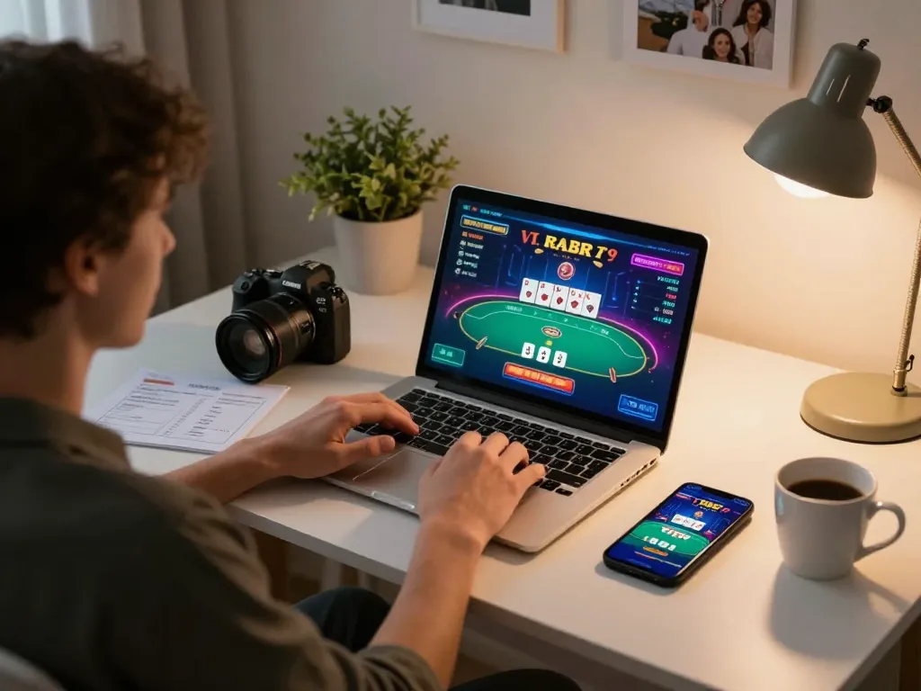 Player enjoying strategic poker on a smartphone and laptop at home, featuring 789 gaming insights.