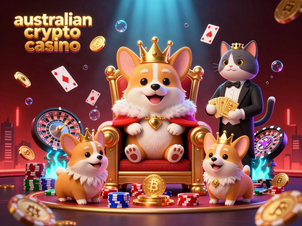 Engaging scene depicting a royal corgi on a throne among crypto casino elements for australian crypto casino.