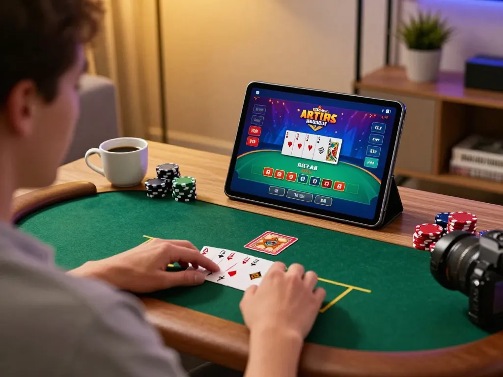 Engaging in online poker gaming with 789win on a tablet in a cozy home environment