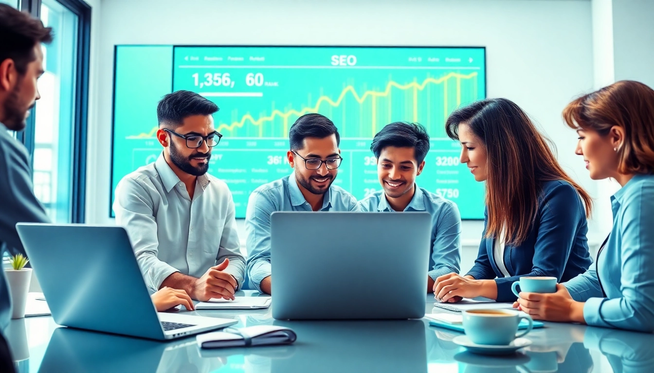 Enhance SEO Rank through teamwork and data analysis in a modern office setting.