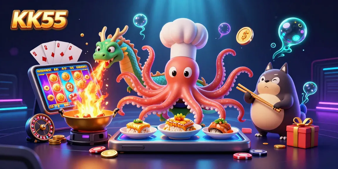 Experience the excitement at KK55 with vibrant scenes of gaming and culinary delight.