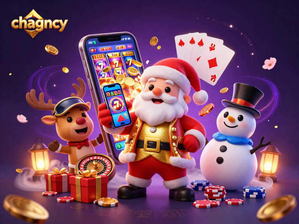 Chagency presents a vibrant casino scene featuring Santa Claus, his reindeer companion, and a snowman, showcasing jackpot slots.
