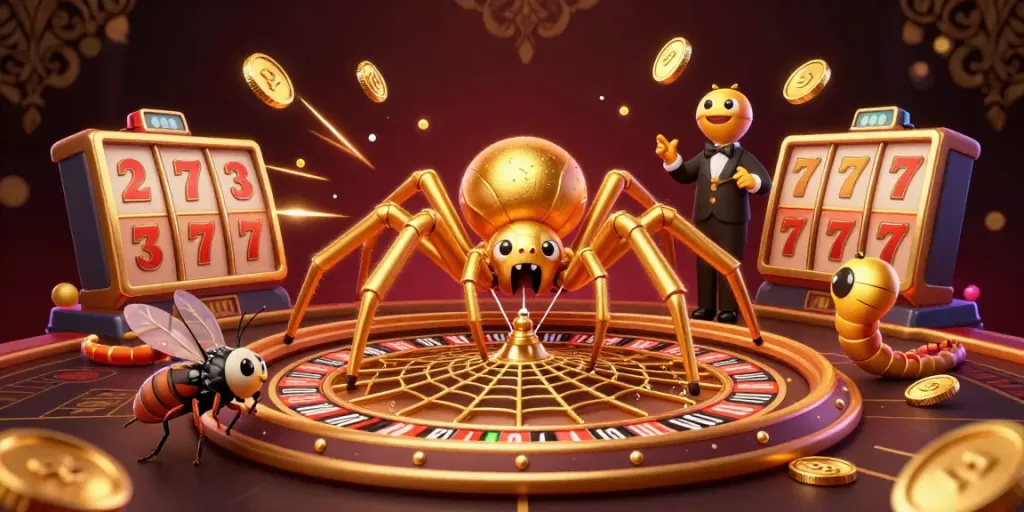 Engaging scene of online slots real money action with a golden spider and colorful game elements.