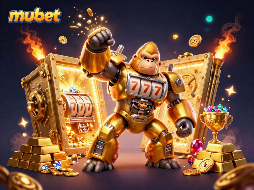Engaging gambling illustration showcasing the vibrant mubet casino experience with a dynamic gorilla mech.