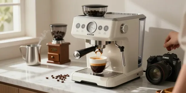 ROKOK88 espresso machine brewing rich coffee crema in a stylish kitchen.
