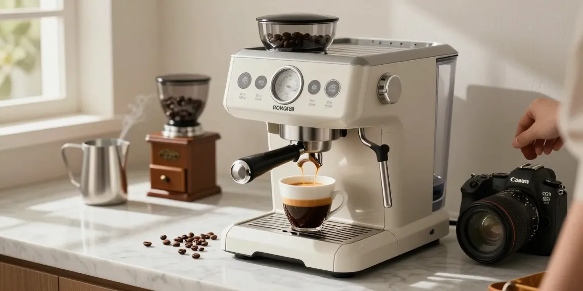 ROKOK88 espresso machine brewing rich coffee crema in a stylish kitchen.