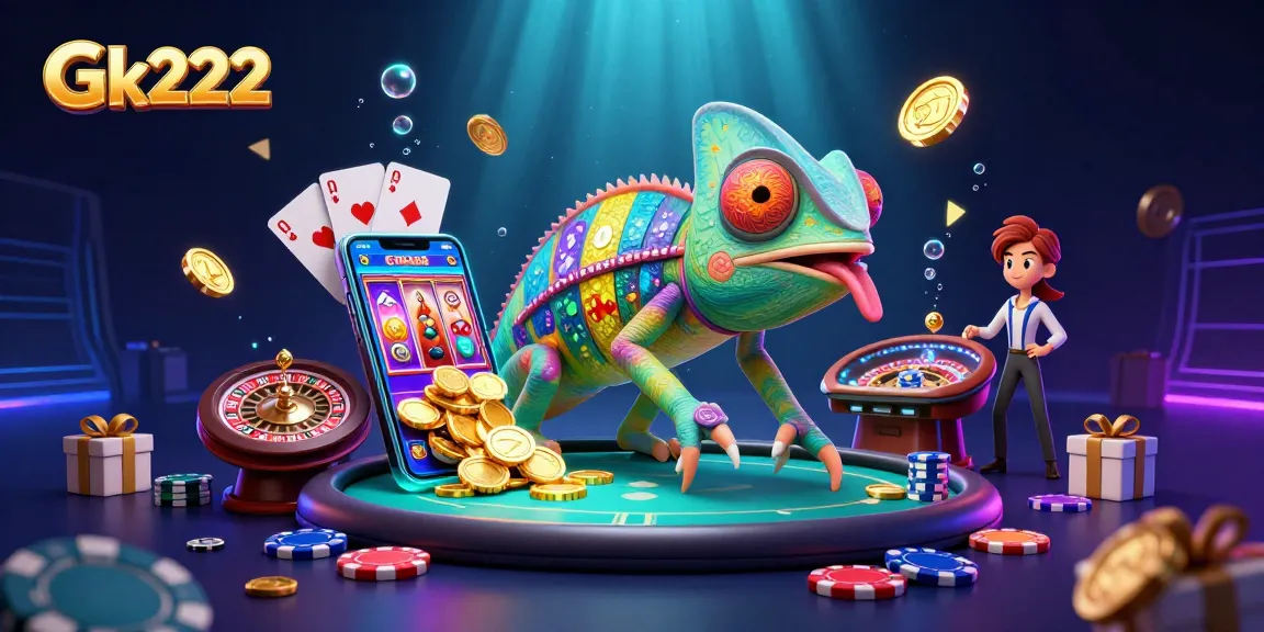 Experience Gk222's vibrant online gaming atmosphere with a colorful chameleon casino owner and exciting gaming elements.