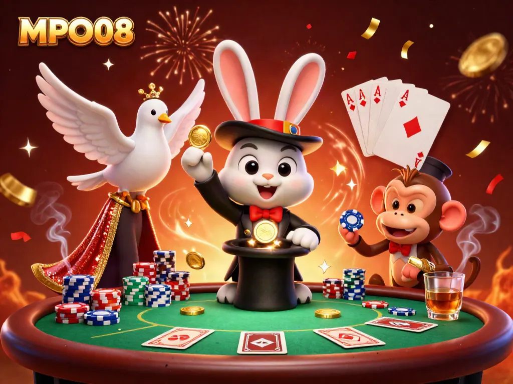 Engaging scene showcasing MPO08 with a magician rabbit, glamorous dove, and playful monkey among casino elements