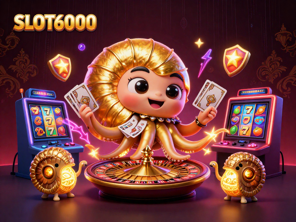 Spin the reels of SLOT6000 with ancient nautilus and golden roulette wheel in a vibrant casino scene.