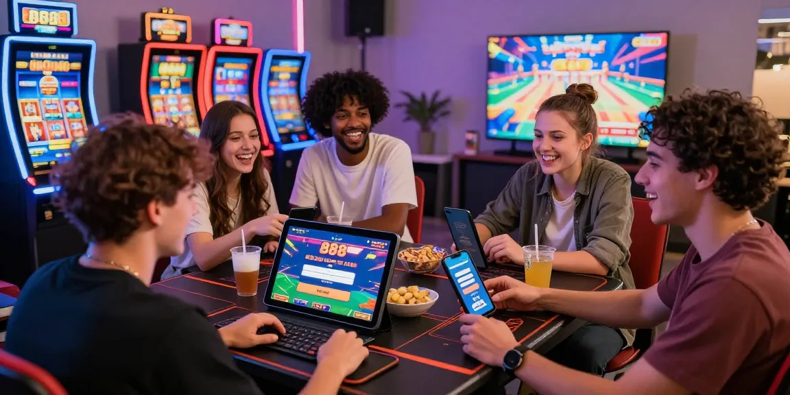 Friends celebrating while accessing slot88 login on digital devices in a lively home gaming setup.