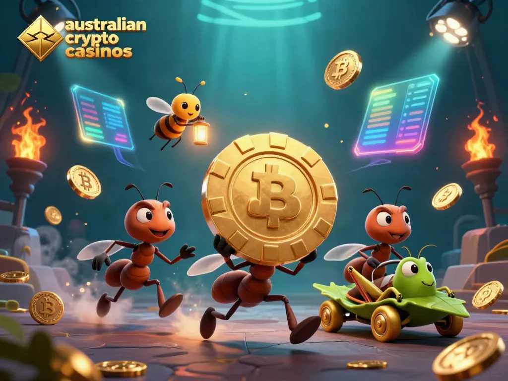 Experience the thrill of australian crypto casinos with a dynamic scene featuring ants and crypto elements.