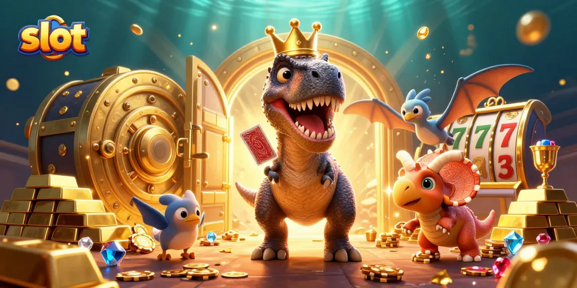 Spin the slot reels in a whimsical scene with dinosaurs amidst treasures and jackpots.