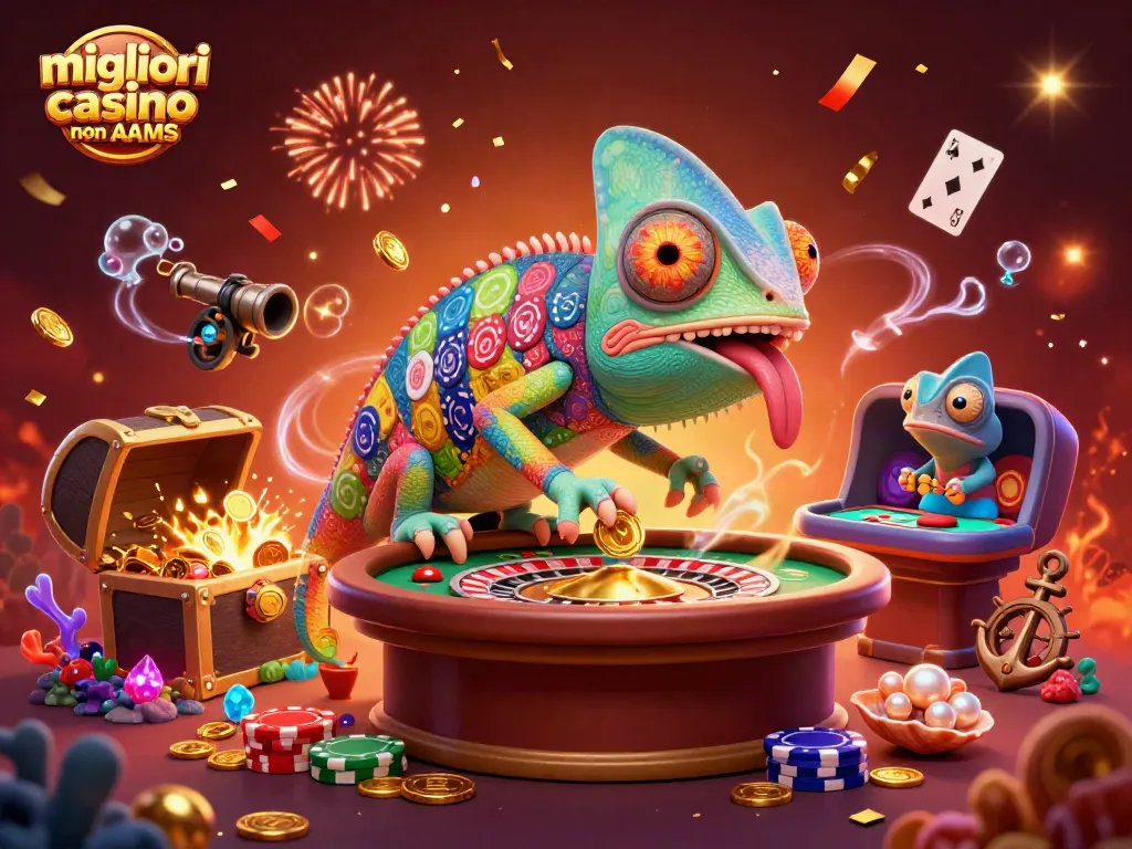 Gioca nei migliori casino non AAMS con il camaleonte proprietario che osserva tavoli e azioni di gioco.