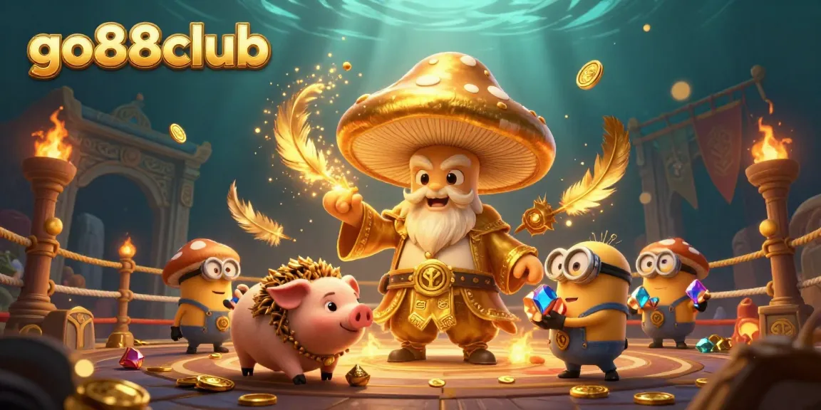 Experience iconic magic at go88club with a golden wizard and treasure-hunting truffle pig in an enchanting casino scene.