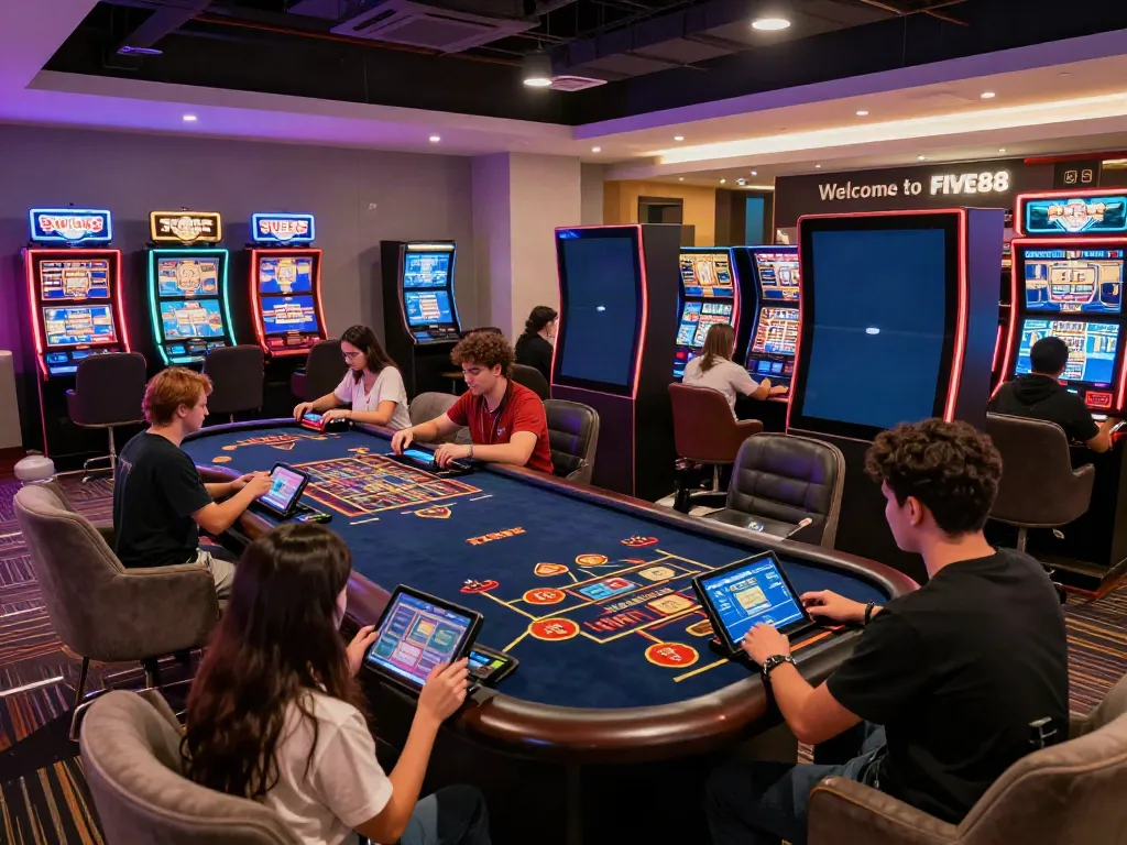 Engaging online gaming atmosphere showcasing players at FIVE88, featuring live dealers and vibrant slot machines in a modern lounge.