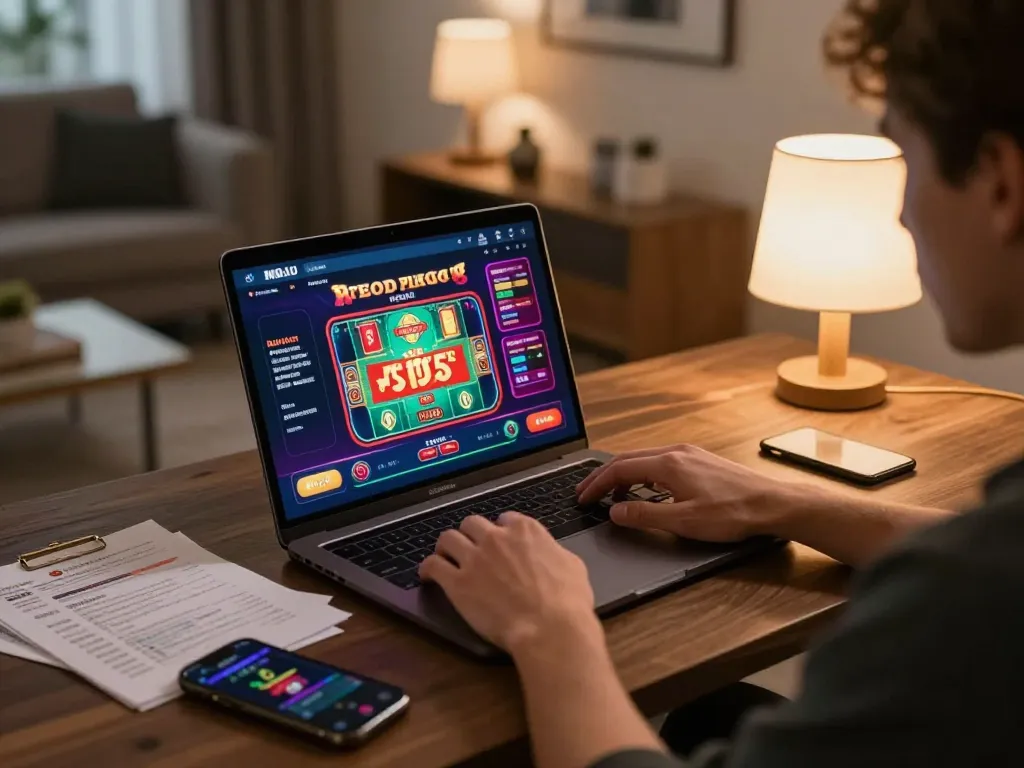 Person gaming on laptop exploring nohu. com with vibrant casino app interface and strategy notes visible.