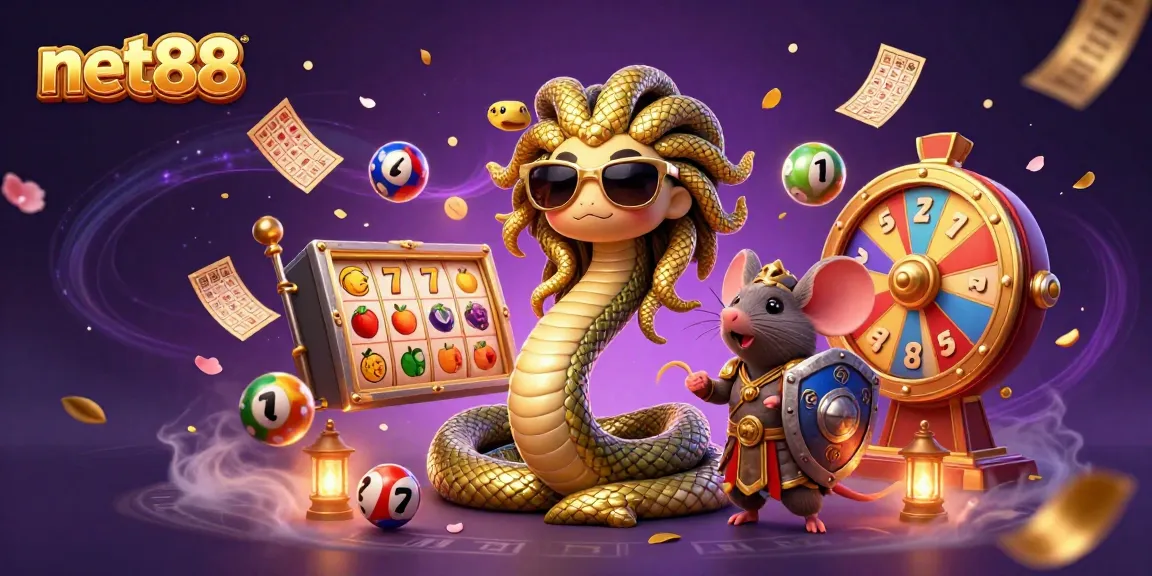 Engage with net88's vibrant gaming scene featuring slots, lottery balls, and lively characters.