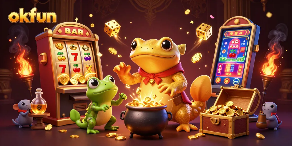 Win big playing engaging games at okfun, featuring exciting slots and dynamic casino elements in a vibrant layout.