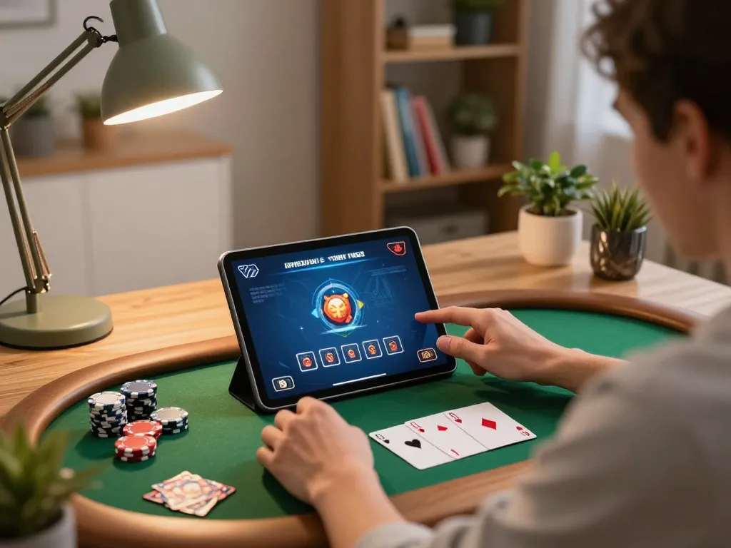 Engaged player on 79king1.best enjoying online poker with a tablet at home, highlighting strategic gameplay