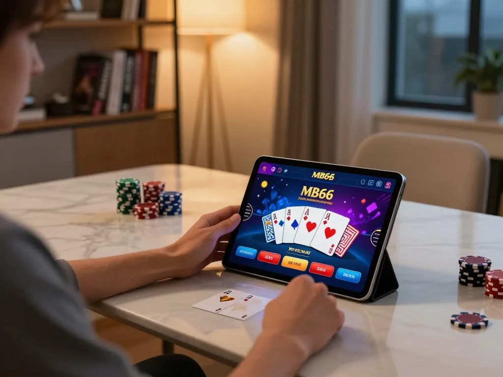 Player engaging with MB66 online casino app on tablet at home, showcasing exciting poker gameplay