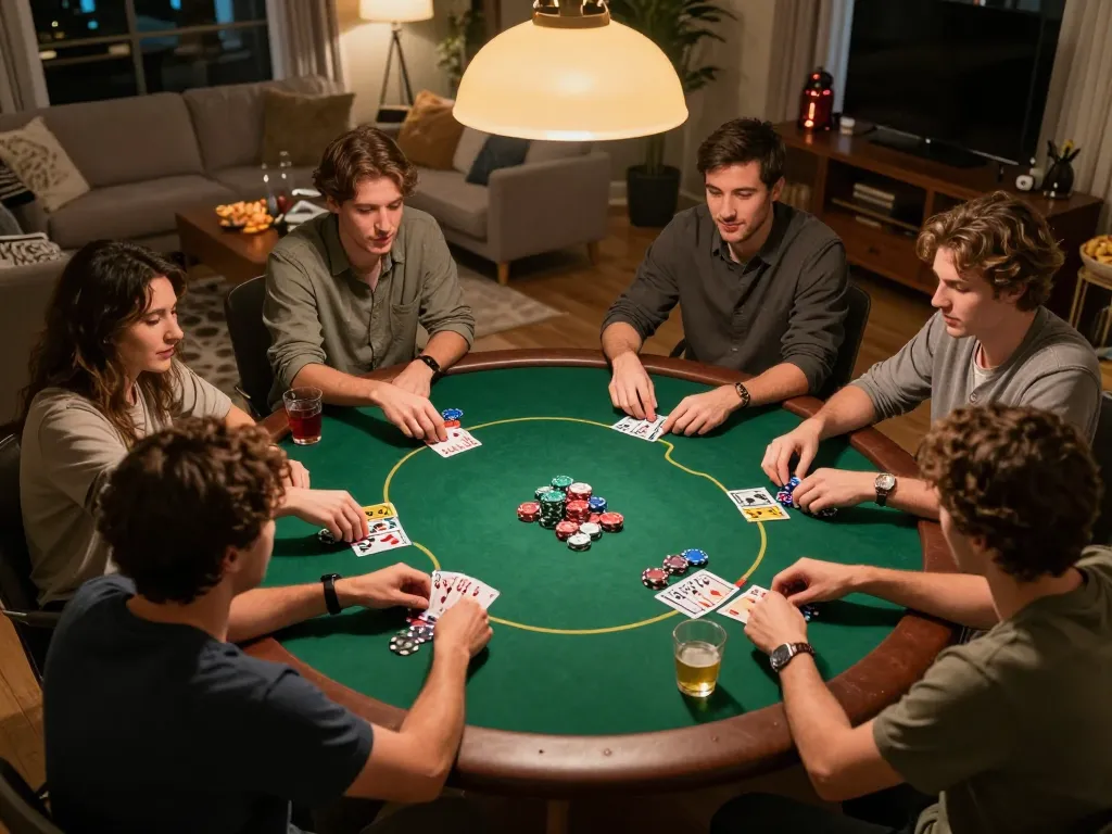 Xoilac poker night with friends, showcasing competitive play and social atmosphere in a cozy home.