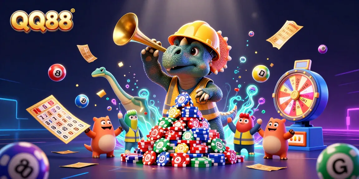 QQ88 offers vibrant gaming excitement with colorful elements and energetic characters celebrating wins.