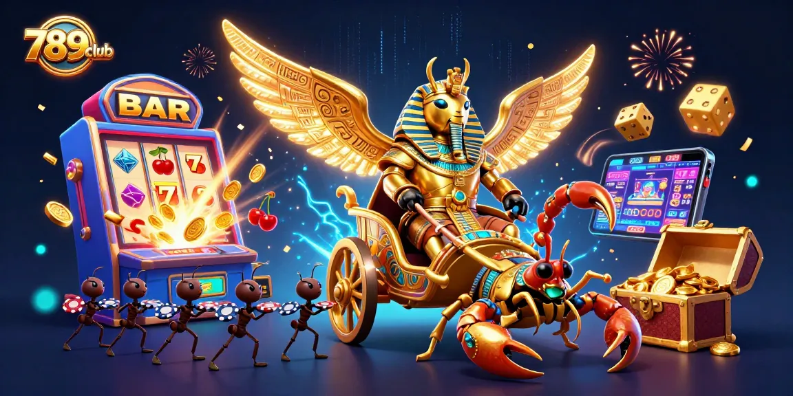 Experience the thrill of 789club with a dazzling 3D scene depicting a golden scarab beetle and thrilling jackpot symbols.