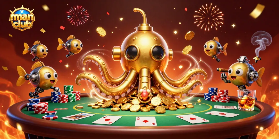 Experience the excitement at manclub with a golden kraken and poker elements in a vibrant casino environment.