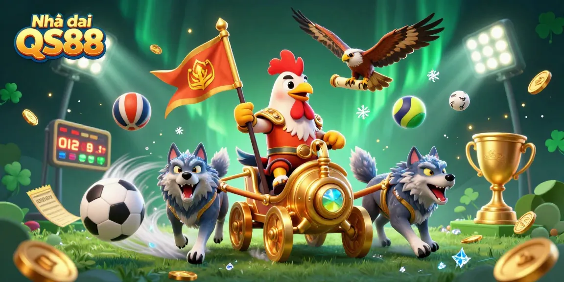 Engage in thrilling betting adventures with Nhà cái QS88 in this vibrant casino-themed illustration.