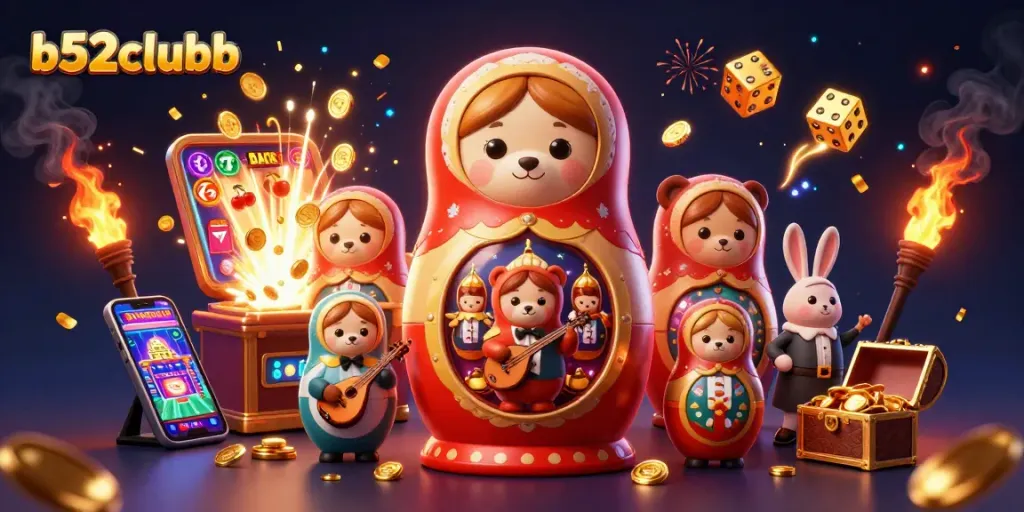 Join the b52clubb fun with 3D bears and vibrant casino elements bursting with excitement!