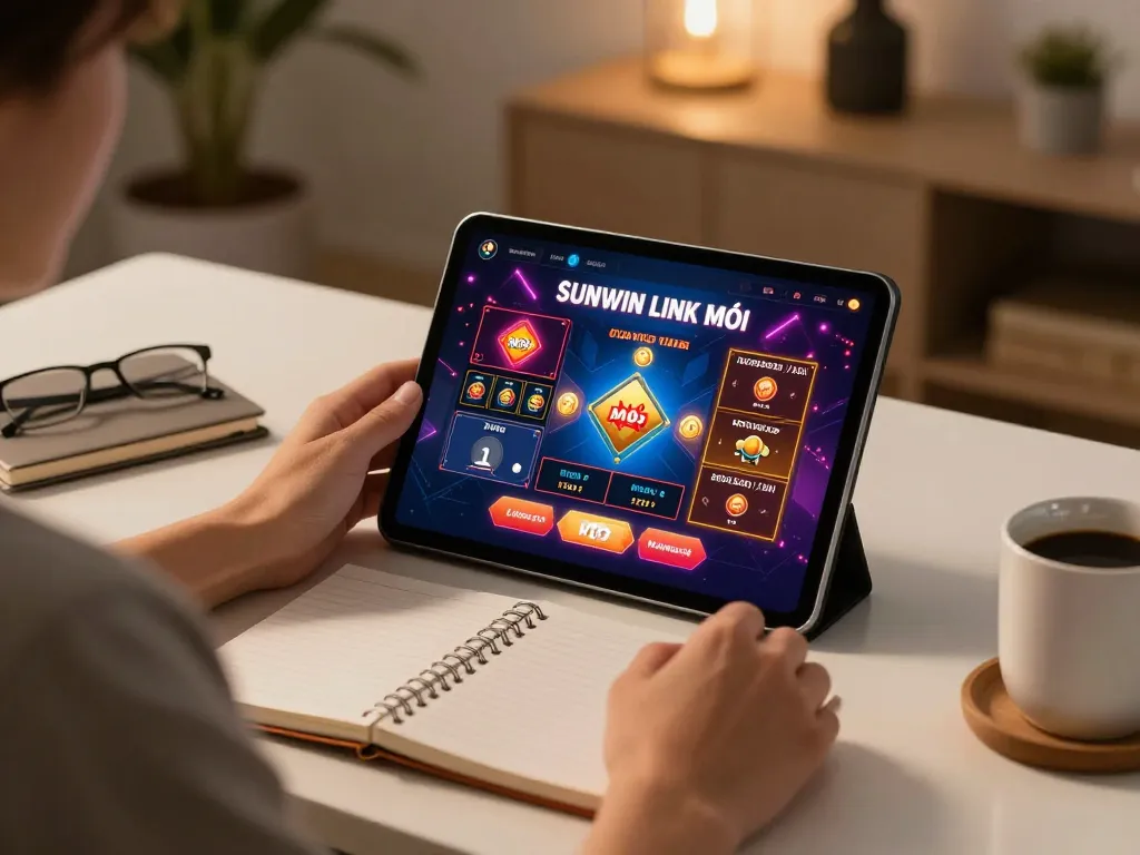 Sitting at a desk, accessing SUNWIN LINK MỚI on a tablet, vibrant casino interface visible.