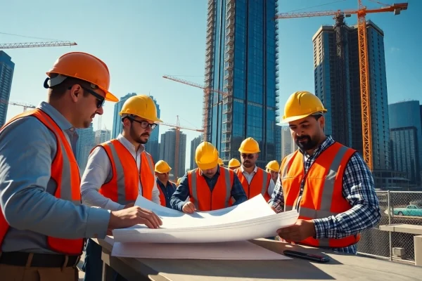 Manhattan Commercial General Contractor supervising construction with vibrant city skyline.