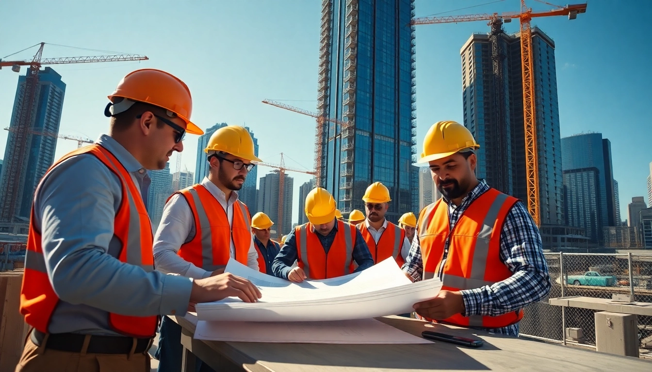Manhattan Commercial General Contractor supervising construction with vibrant city skyline.