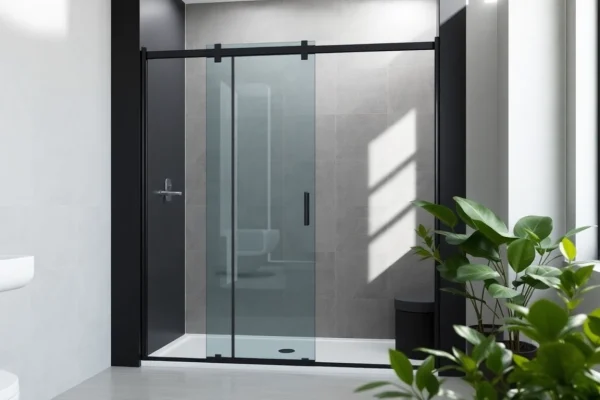Showcase of black shower sliding door in a modern bathroom, enhancing its stylish design.