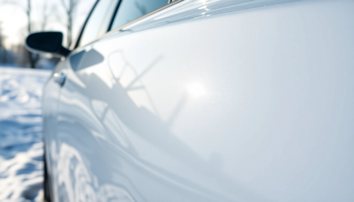 PPF winter road salt protection showcased on a car in a snowy environment, emphasizing durability and gloss.