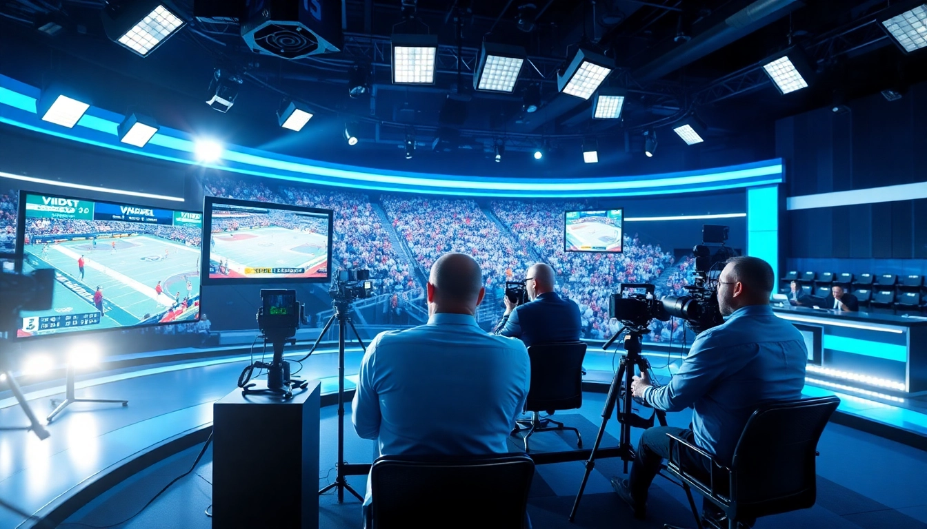 Engaging scene of sports broadcasting with analysts, monitors, and vibrant lighting.