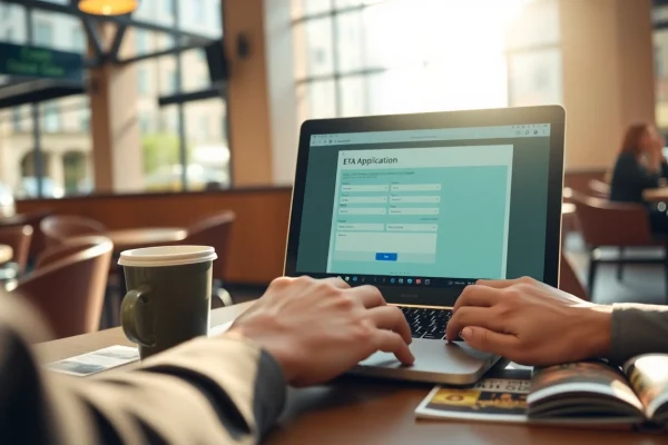 Get started with your eta application uk easily at a cafe table, showcasing the online process.
